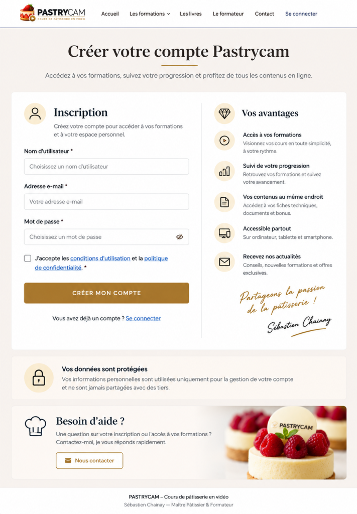 Page d'inscription Pastrycam